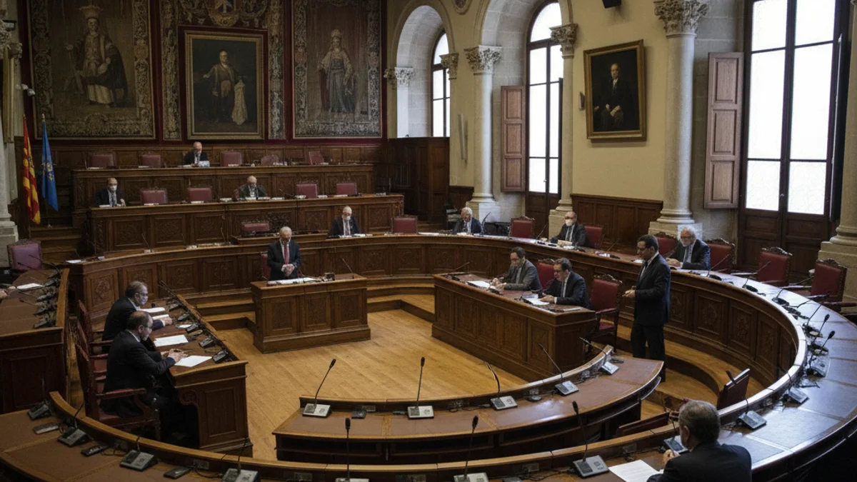 Imatge genèrica de l'interior d'una sala de plens municipal amb micròfons i bancades de fusta.