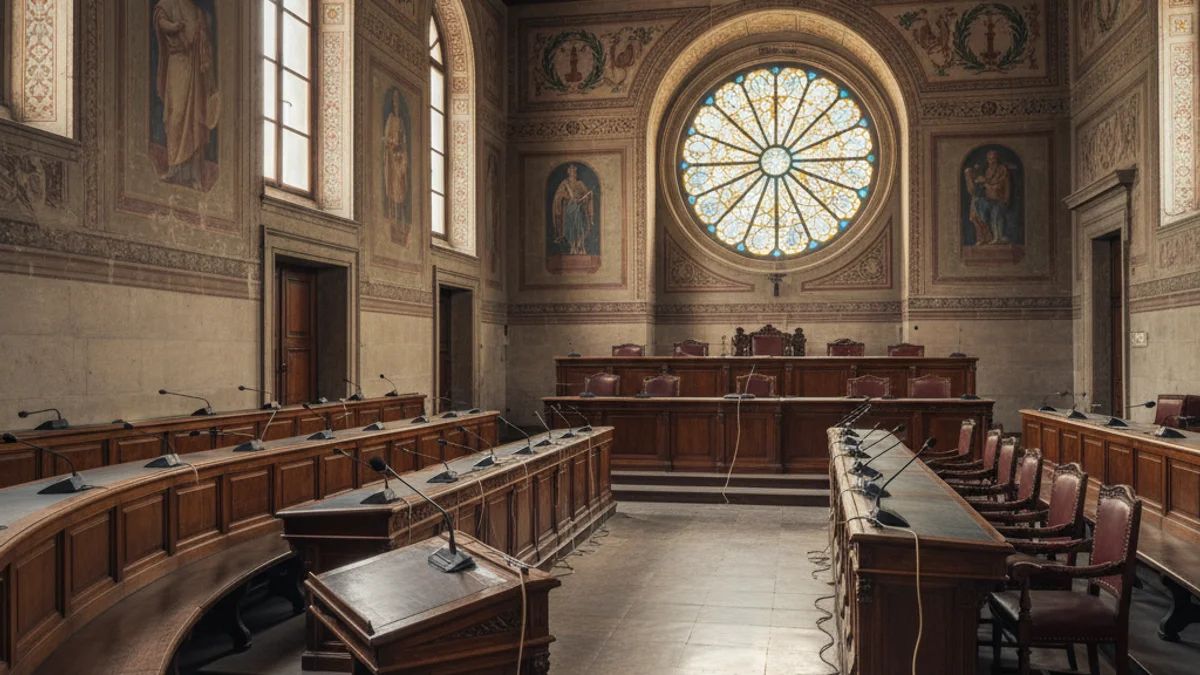 Generic image of a city council chamber with microphones and wooden benches.