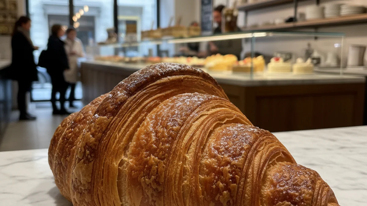 Imatge genèrica d'un croissant artesà de grans dimensions en una pastisseria.