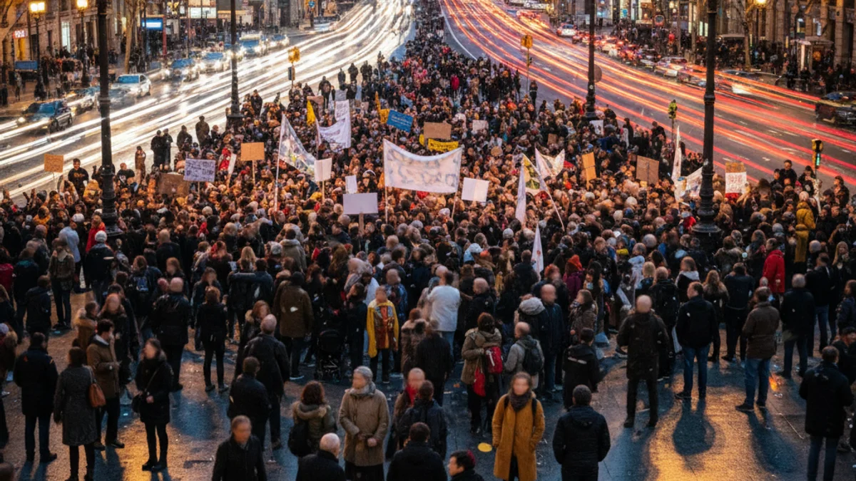 Generic image of a crowd gathering in a city square with urban traffic in the background.