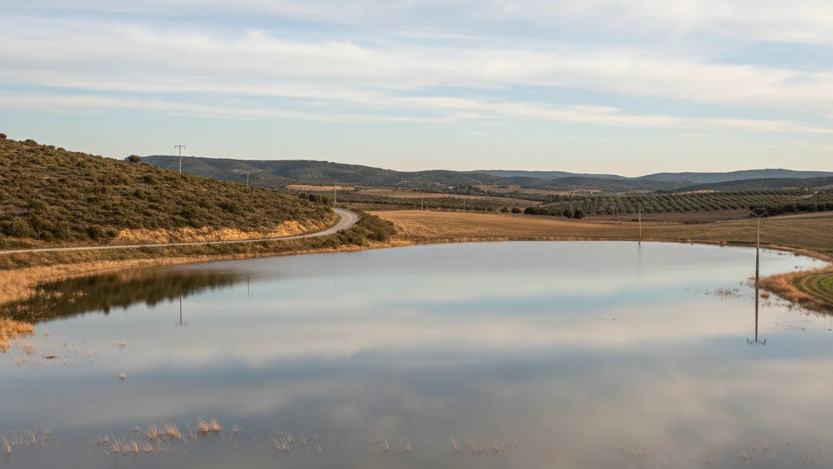 Vista panoràmica d'una depressió rural a l'Alt Empordà que s'ha inundat recentment, reflectint el cel.