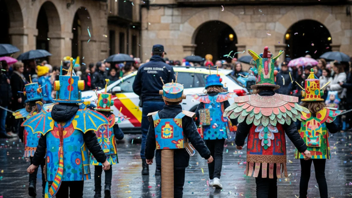 Imatge genèrica d'una celebració infantil de Carnaval a Catalunya sota la pluja.