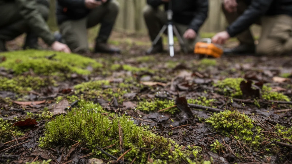 Imatge genèrica d'un sòl forestal humit i saturat d'aigua després de pluges intenses, amb vegetació de sotabosc.