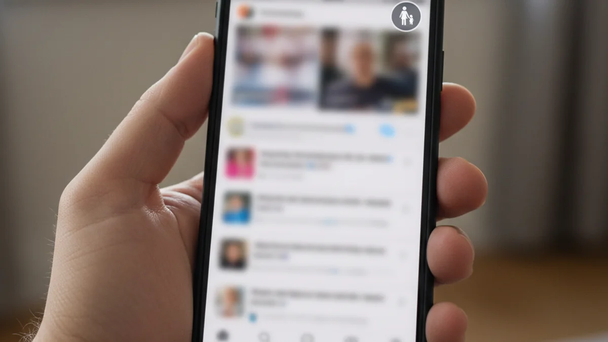 Una mà subjectant un telèfon intel·ligent amb una interfície de xarxa social borrosa i una icona de control parental.