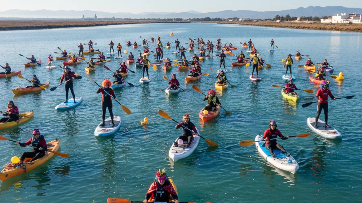 Imatge genèrica de persones practicant esports nàutics amb disfresses en una badia.