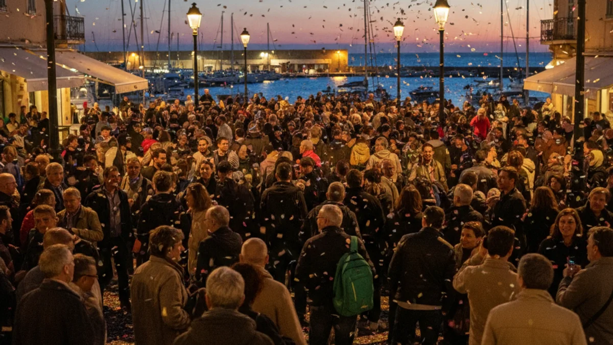 Imatge genèrica d'una celebració festiva al carrer amb confeti i llums ambientals.