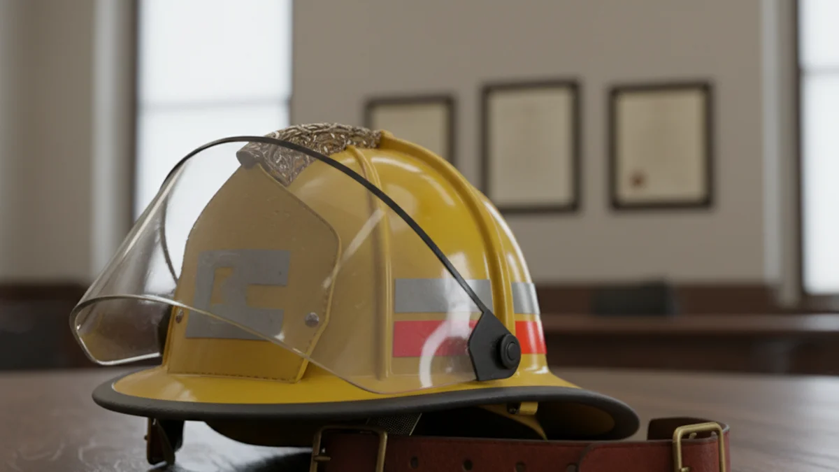 Un casc de bomber sobre una taula en un entorn institucional.