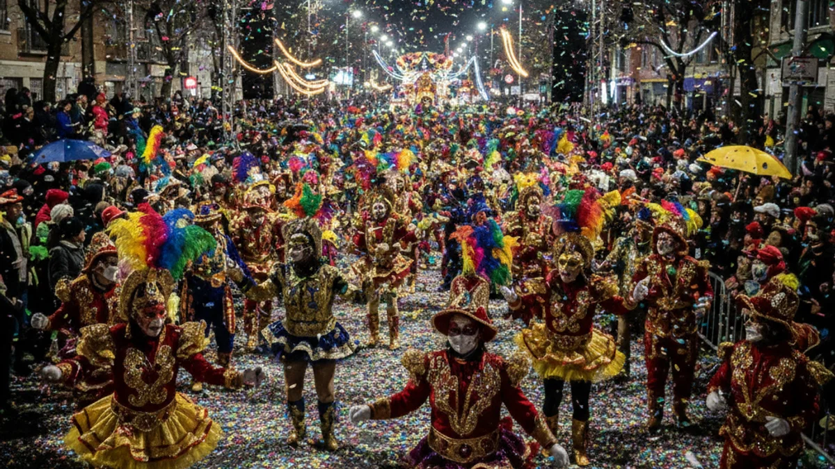 Imatge genèrica d'una rua de Carnaval amb gent disfressada i confeti a la nit.