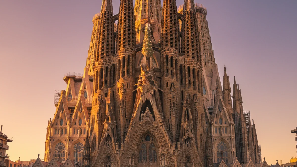 Generic image of the upper part of the Sagrada Família basilica with the completed Tower of Jesus.