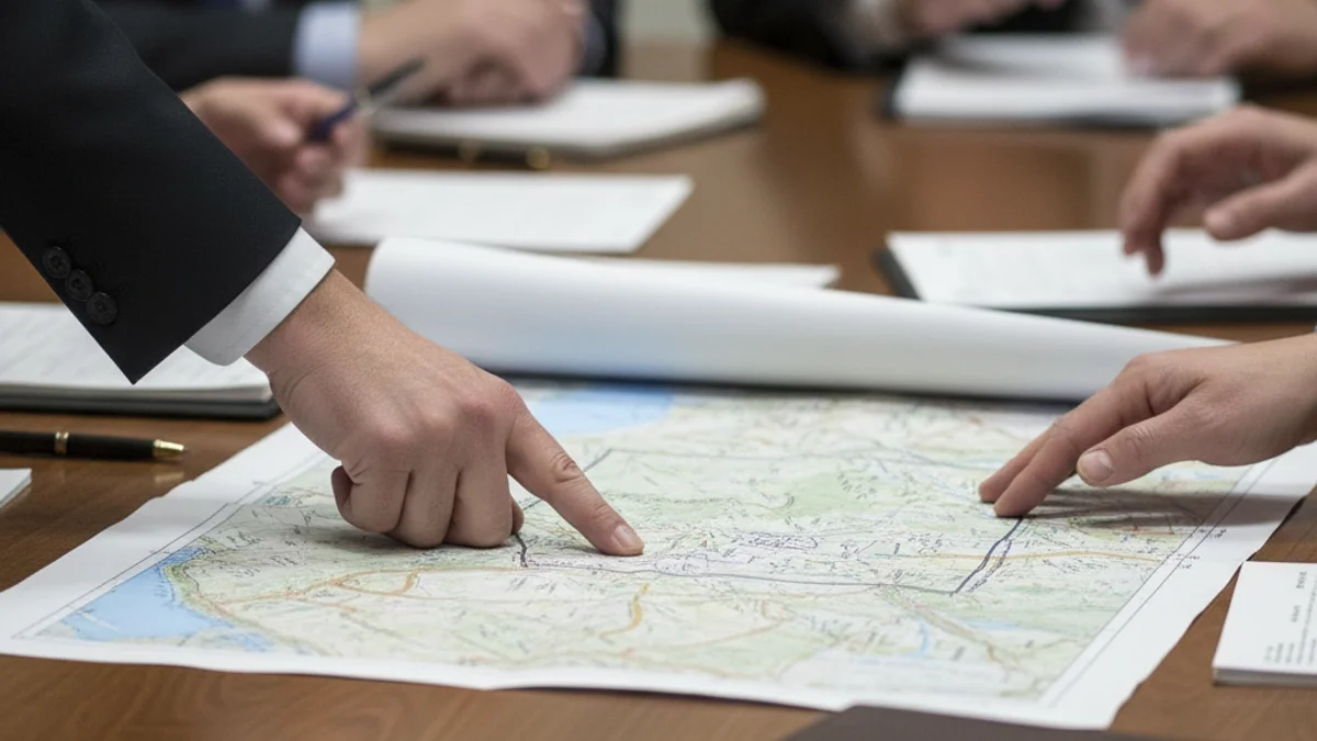 Representació genèrica d'un mapa o documents legals sobre una taula de reunió institucional.