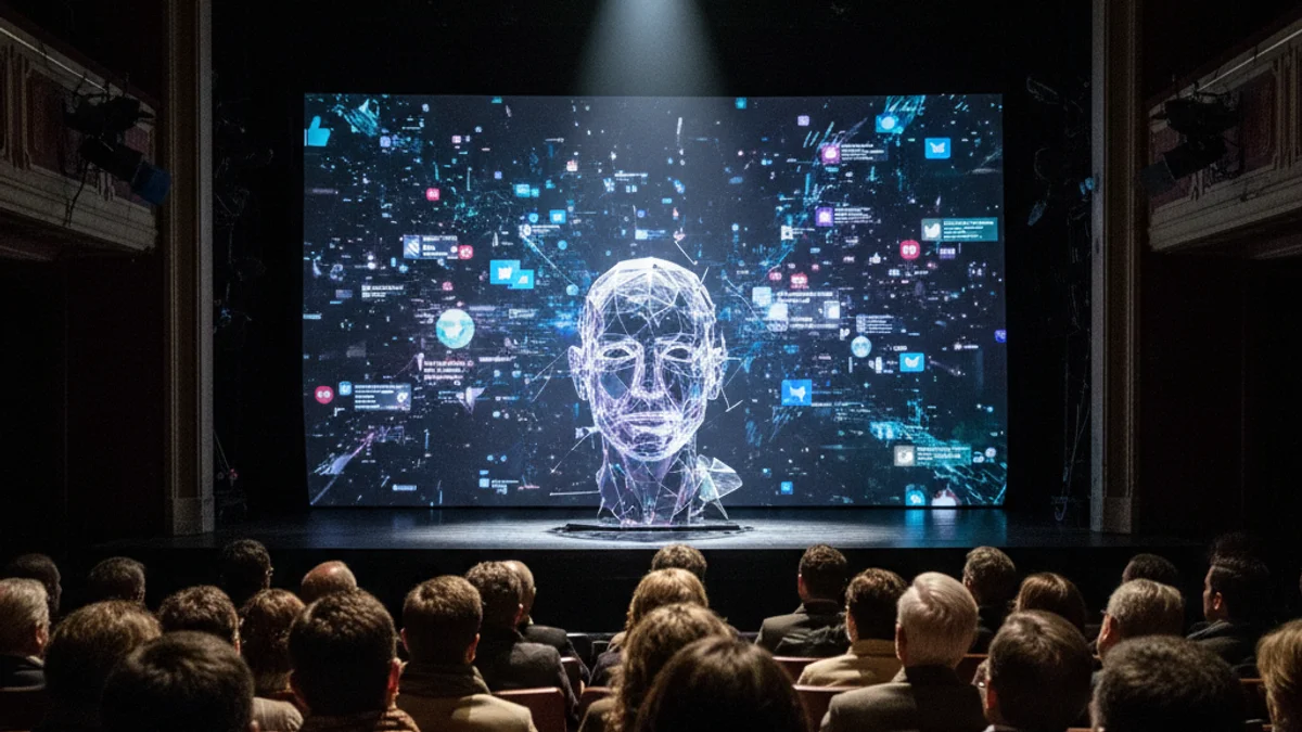 Imatge genèrica d'un escenari de teatre amb il·luminació dramàtica i elements digitals.