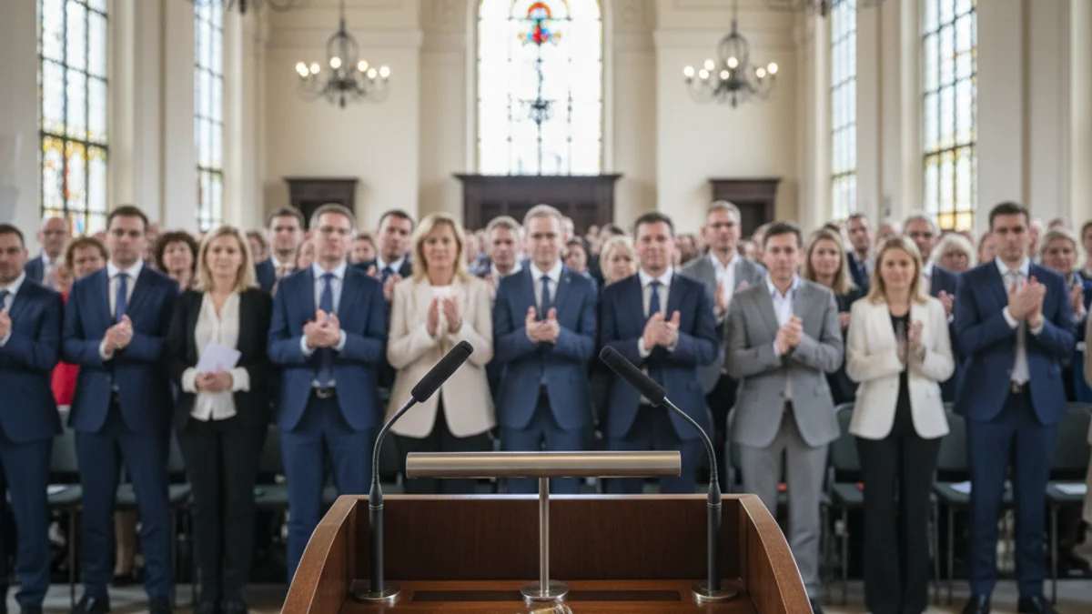Imatge genèrica d'una sala de plens d'un ajuntament preparada per a un acte oficial.