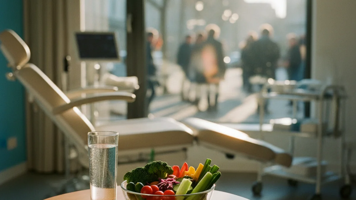 Imagen genérica de una consulta médica con alimentos saludables sobre la mesa.