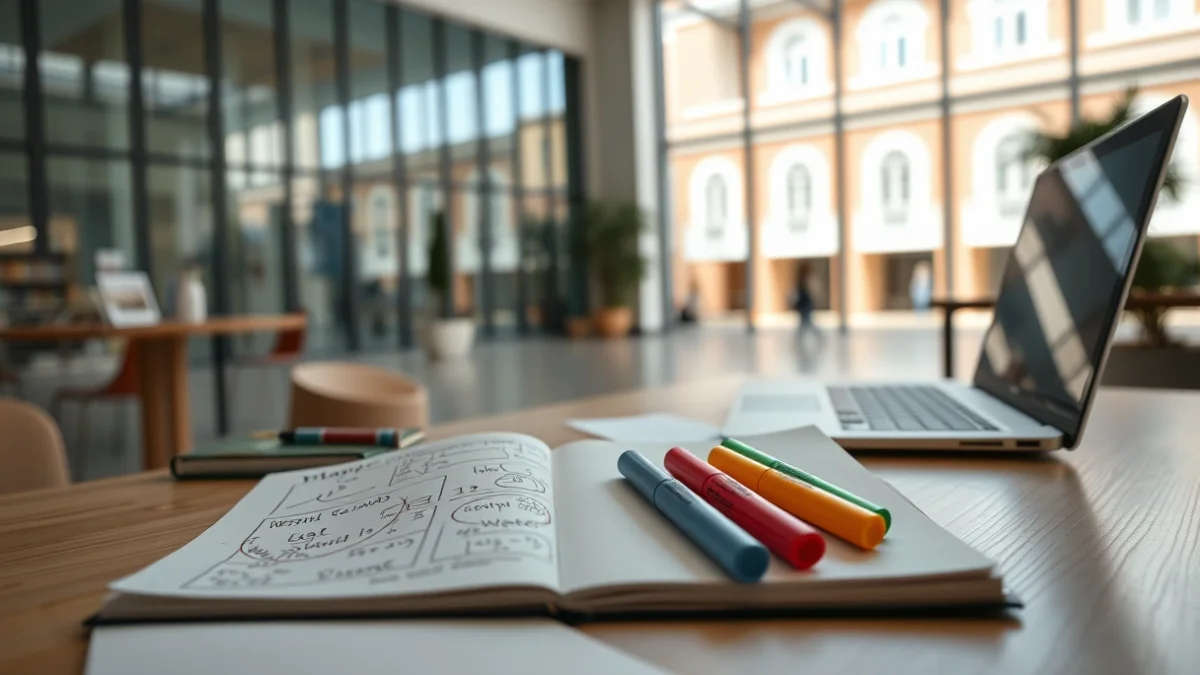 Imatge genèrica de material d'estudi i esquemes sobre una taula de fusta.