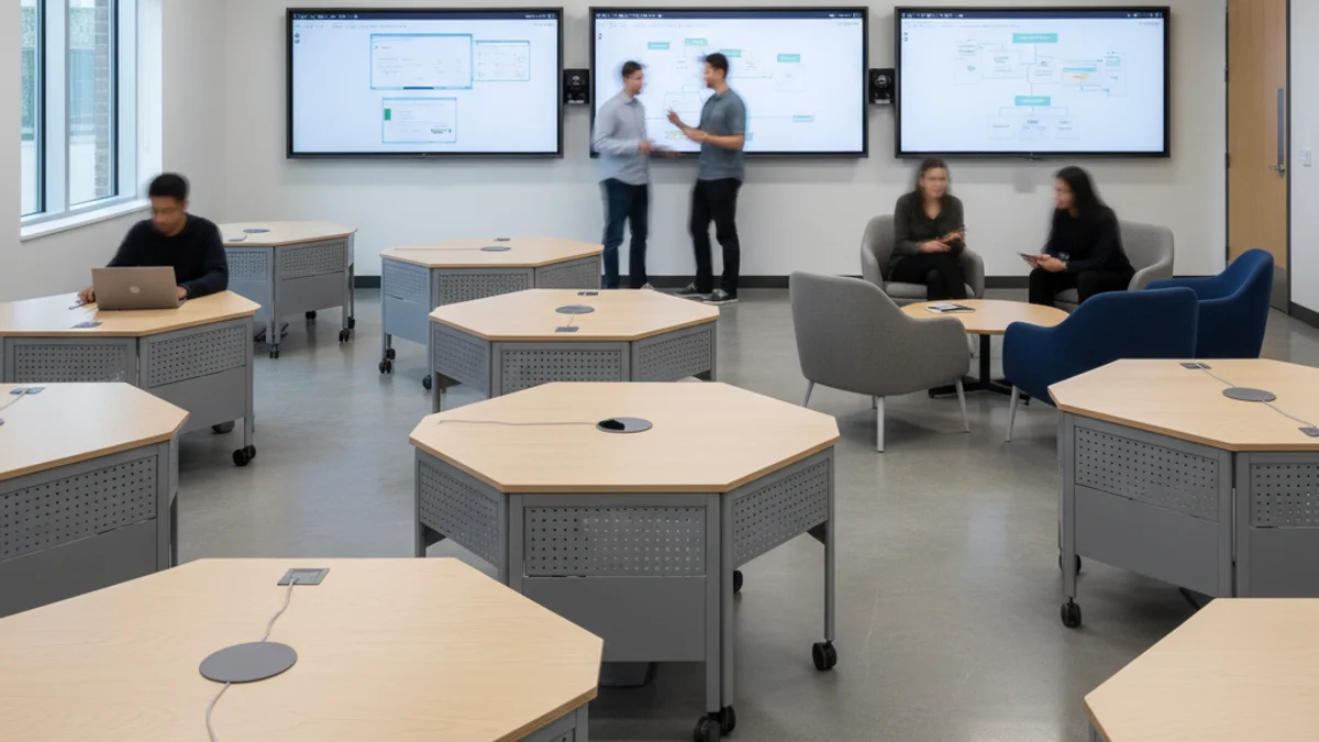 Vista d'un espai d'estudi modern i diàfan en una escola de negocis, amb mobiliari mòbil i una zona de descans.
