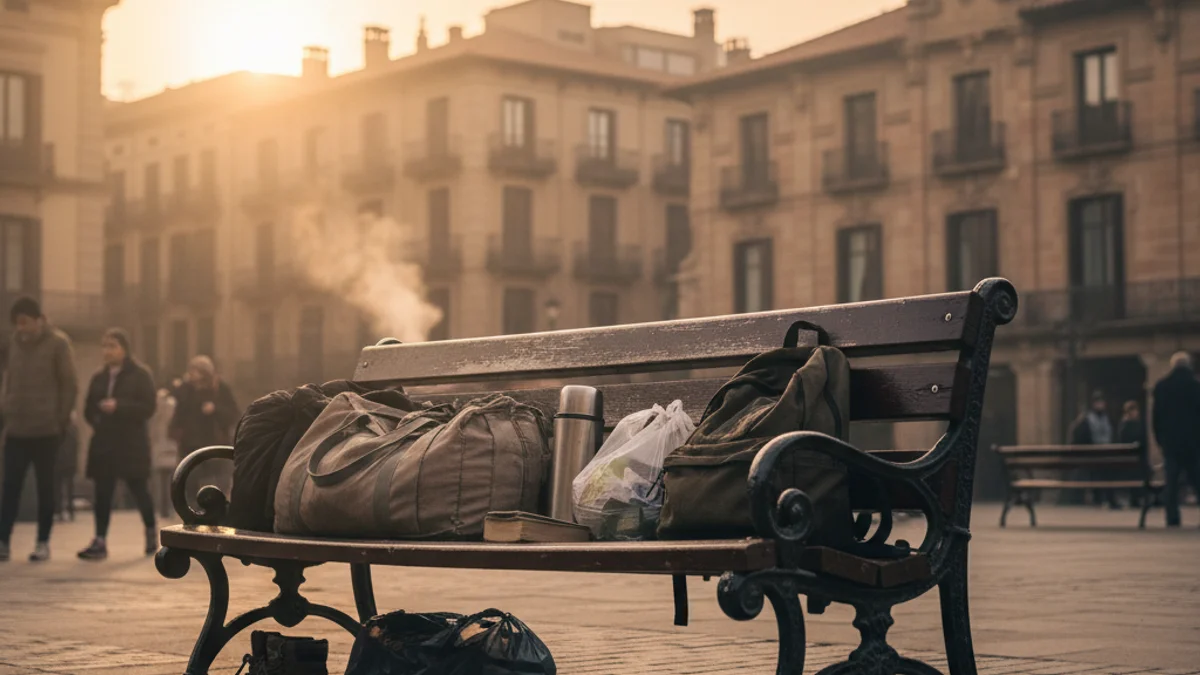 Generic image of a public bench with personal belongings, symbolizing homelessness.