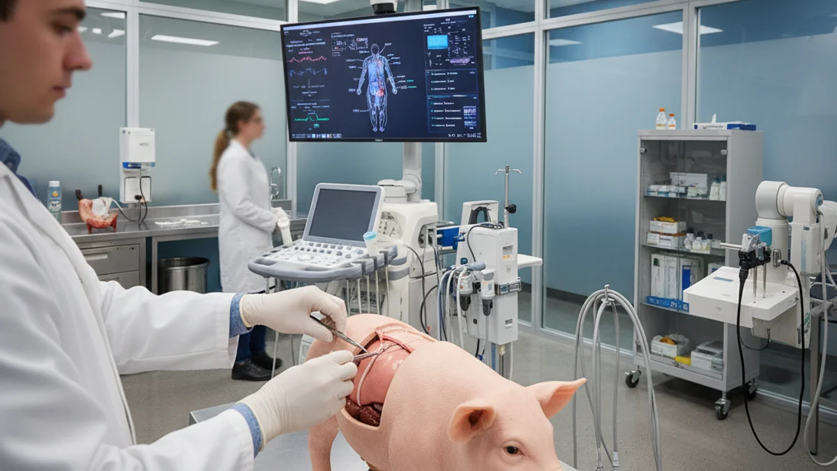 Estudiant de veterinària utilitzant un simulador de bestiar en un entorn d'aprenentatge clínic.