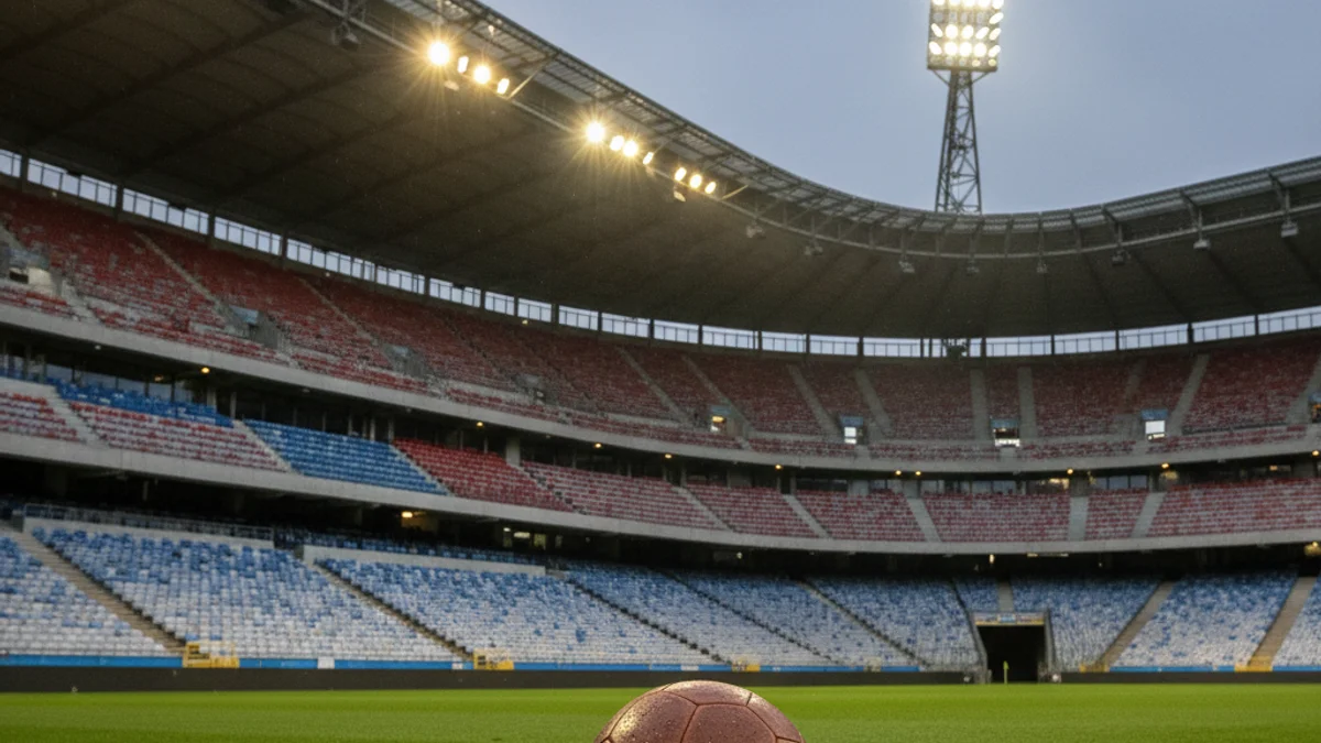 Imatge genèrica d'una pilota de futbol en un estadi buit sota els focus.