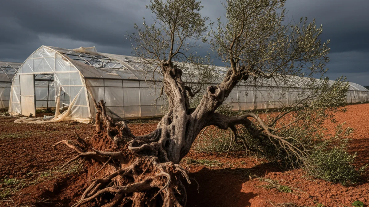 Generic image of a century-old olive tree uprooted by the wind in a farmland.