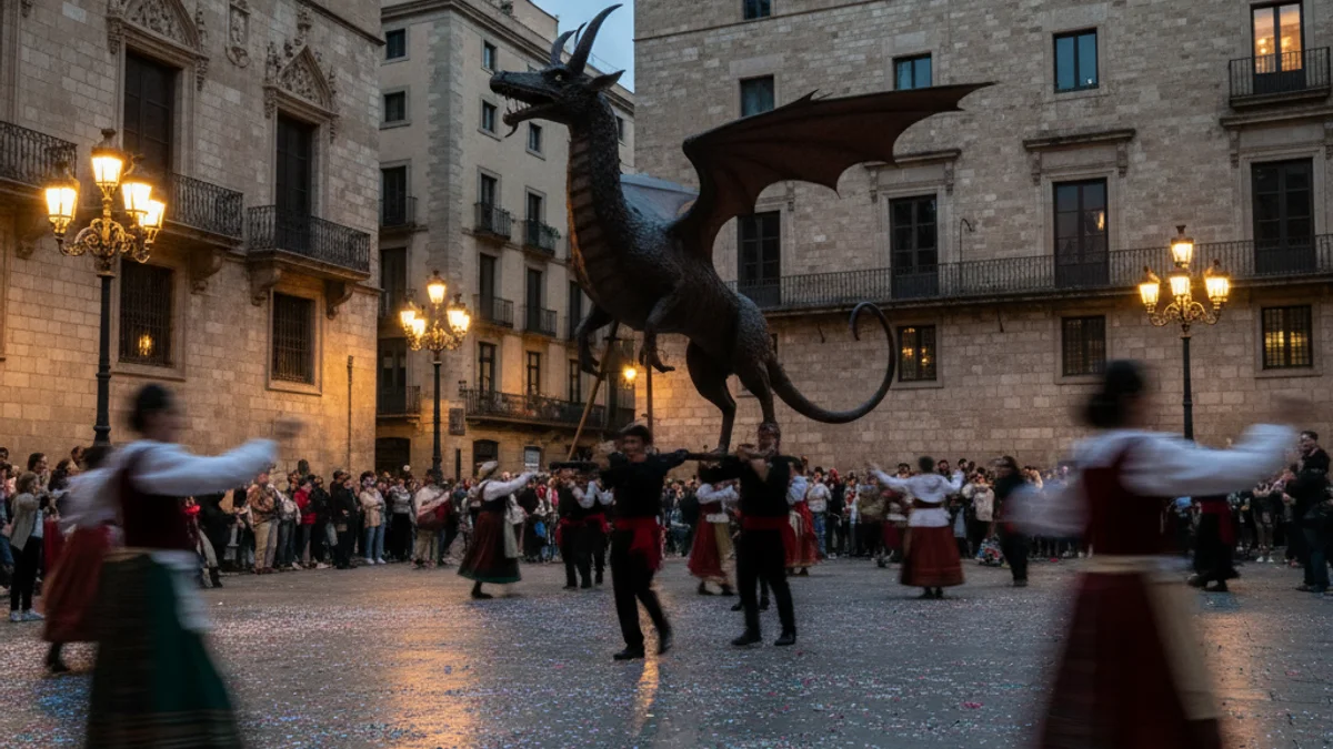Imatge genèrica d'una cercavila tradicional amb elements del bestiari popular català en una plaça històrica.