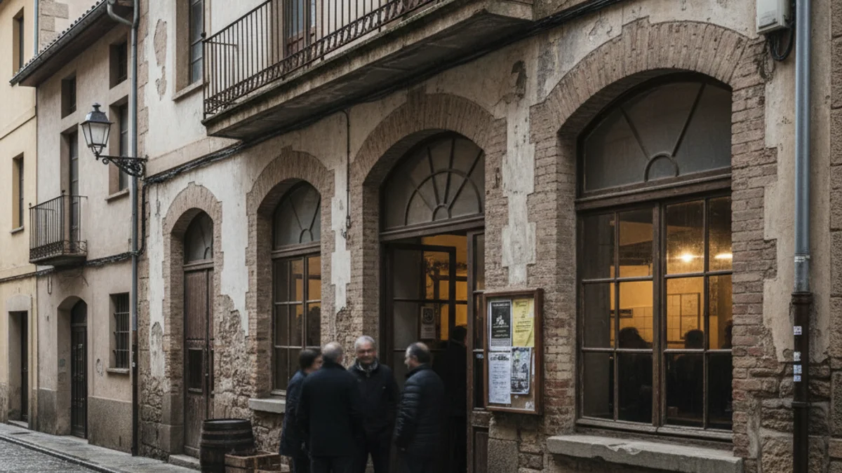 Vista d'un carrer antic de barri obrer amb edificis baixos i possiblement una fàbrica al fons.