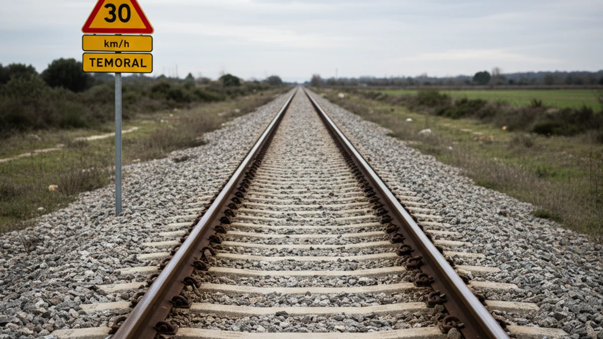 Imatge genèrica d'unes vies de tren amb senyalització de limitació de velocitat.