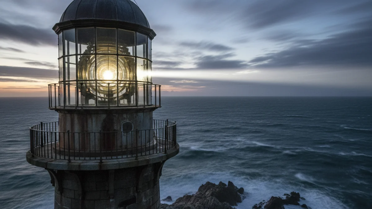 Imatge d'un far costaner projectant un feix de llum blanca durant la nit, orientant els vaixells.