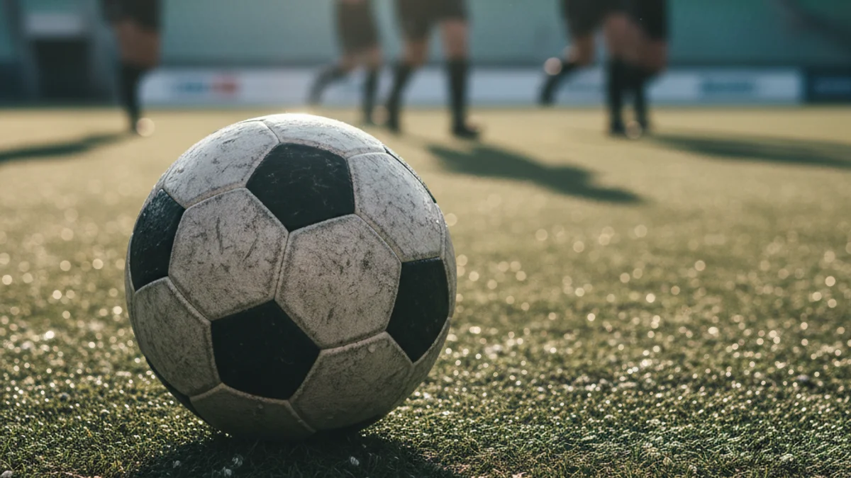 Una pilota de futbol en un camp d'herba artificial durant un partit femení, amb figures borroses de jugadores al fons.