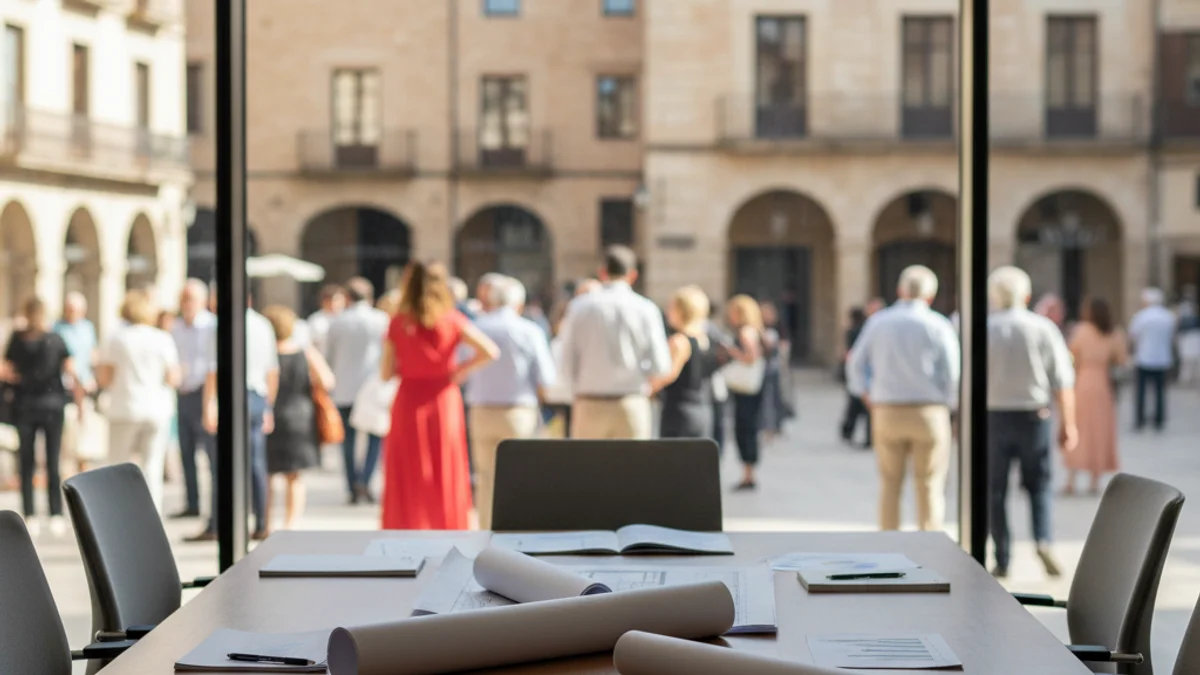 Imatge genèrica d'una oficina amb vistes a un nucli urbà històric, representant la planificació estratègica.