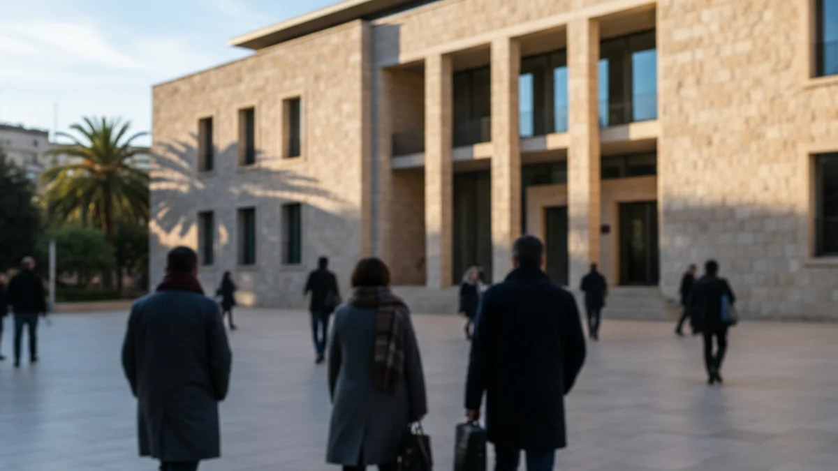 Façana d'un edifici judicial amb la bandera oficial a l'entrada.