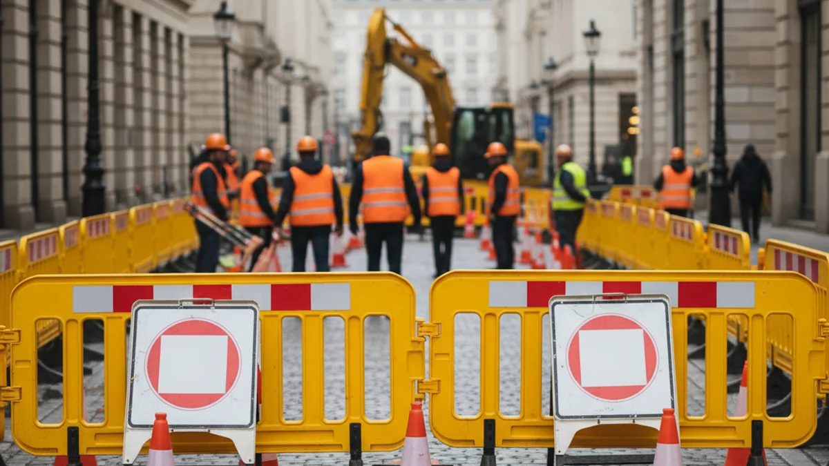 Senyalització de trànsit temporal i cons de seguretat bloquejant un carrer urbà a causa d'obres de millora del paviment.