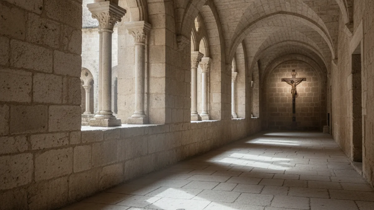 Imagen genérica de un claustro antiguo con una trampilla de hierro que da acceso a una cripta subterránea.