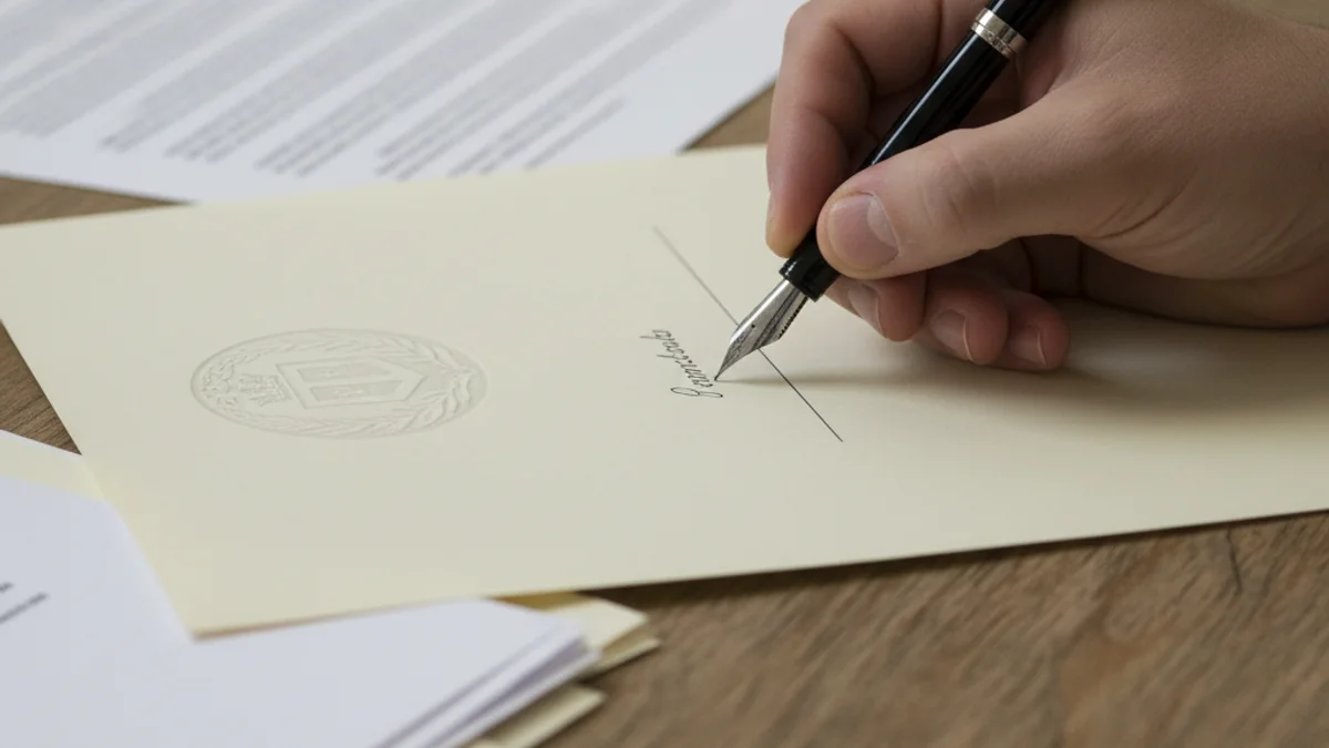 Una mà signant documents oficials sobre una taula, simbolitzant la gestió de recursos humans i la presa de decisions municipals.