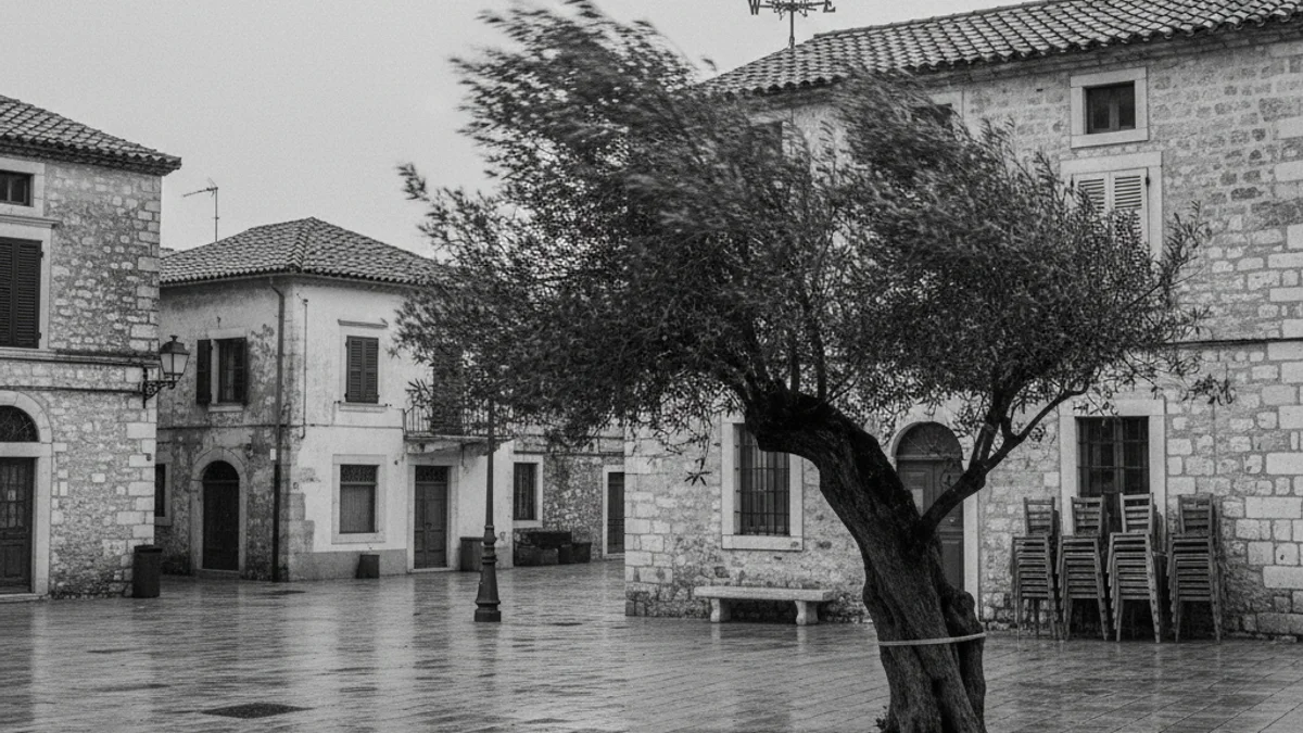 Un carrer buit amb un senyal de trànsit sota un cel tapat.