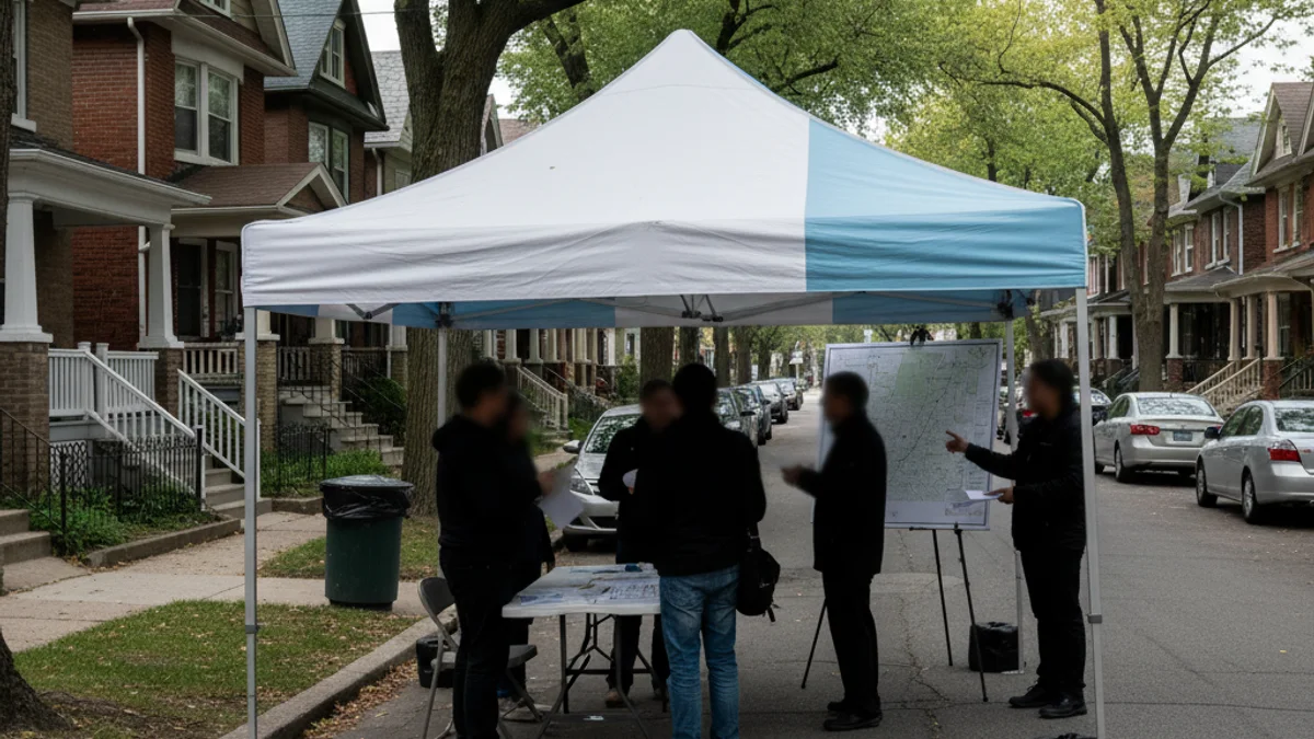 Una carpa d'informació municipal instal·lada en un barri residencial amb figures borroses de fons.