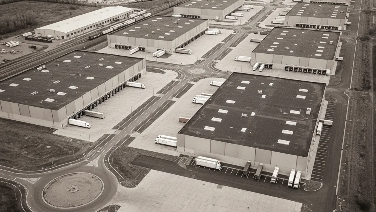 Vista aèria d'un polígon industrial amb naus i espais logístics.