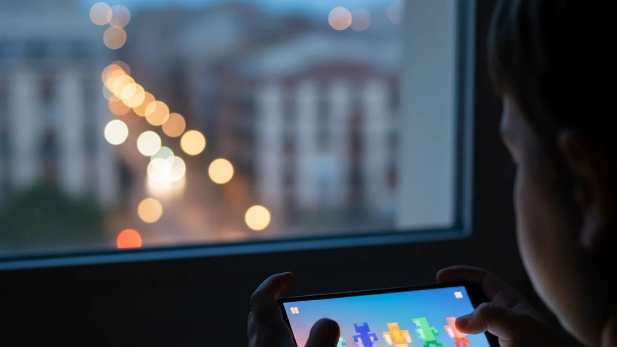 Generic image of a minor using a mobile device to play online video games.