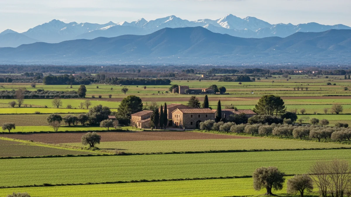 Vista d'un paisatge agrícola amb camps de conreu i muntanyes al fons a l'Empordà.