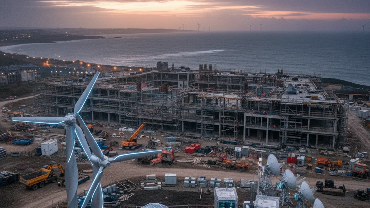 Imatge genèrica d'una zona en construcció i elements d'energia eòlica marina.