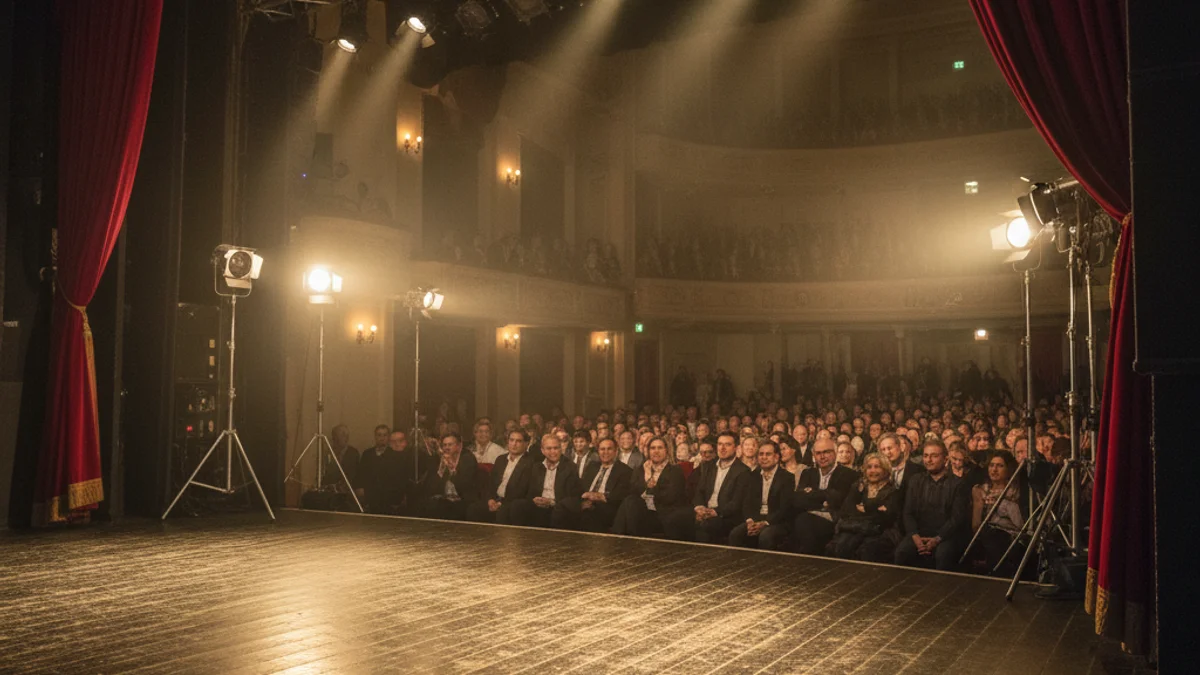 Imagen genérica del escenario de un teatro con focos y cortinas.