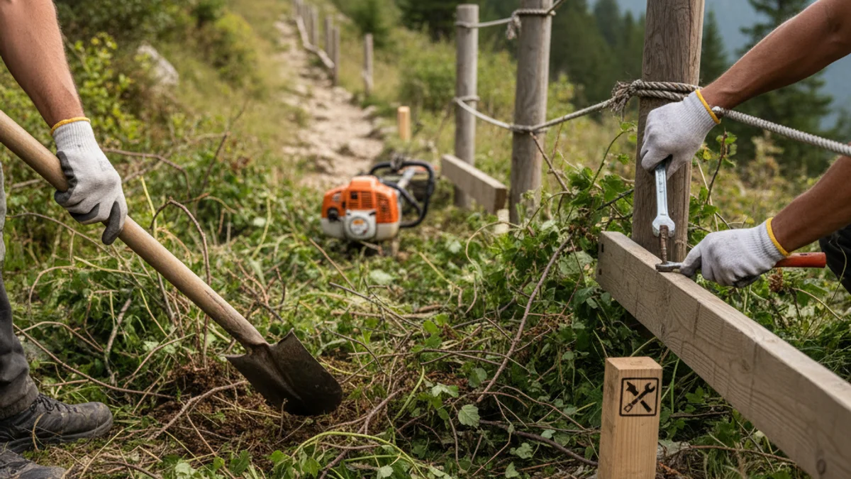 Imatge genèrica d'un sender de muntanya amb senyalització i vegetació, simbolitzant el manteniment de camins.
