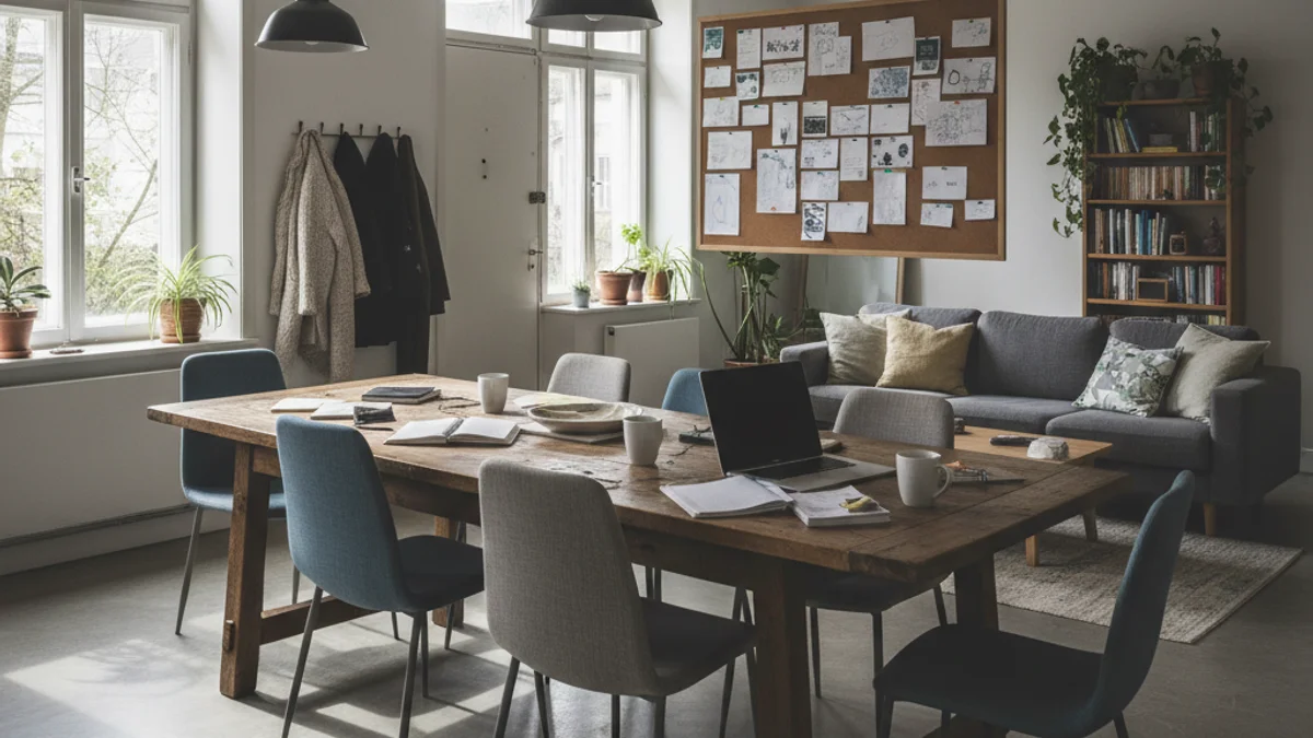 Imatge genèrica de l'interior d'un pis compartit amb un taulell d'anuncis.