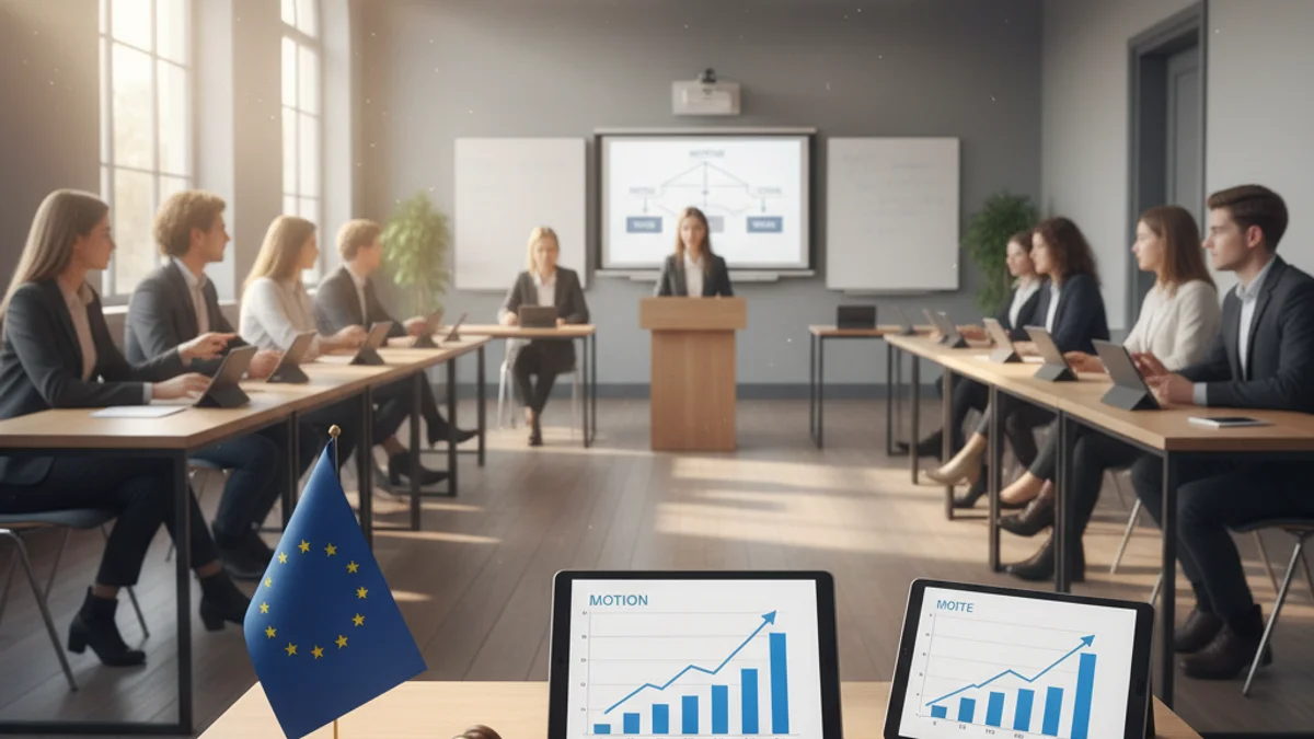 Imagen genérica de unos estudiantes participando en un debate simulando un parlamento.