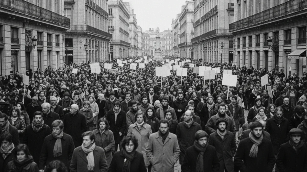 Imatge genèrica d'una manifestació amb pancartes i una multitud de persones caminant per un carrer ample de la ciutat.