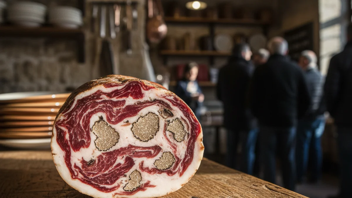 Imatge genèrica d'un embotit artesanal trufat tallat sobre una fusta de cuina.