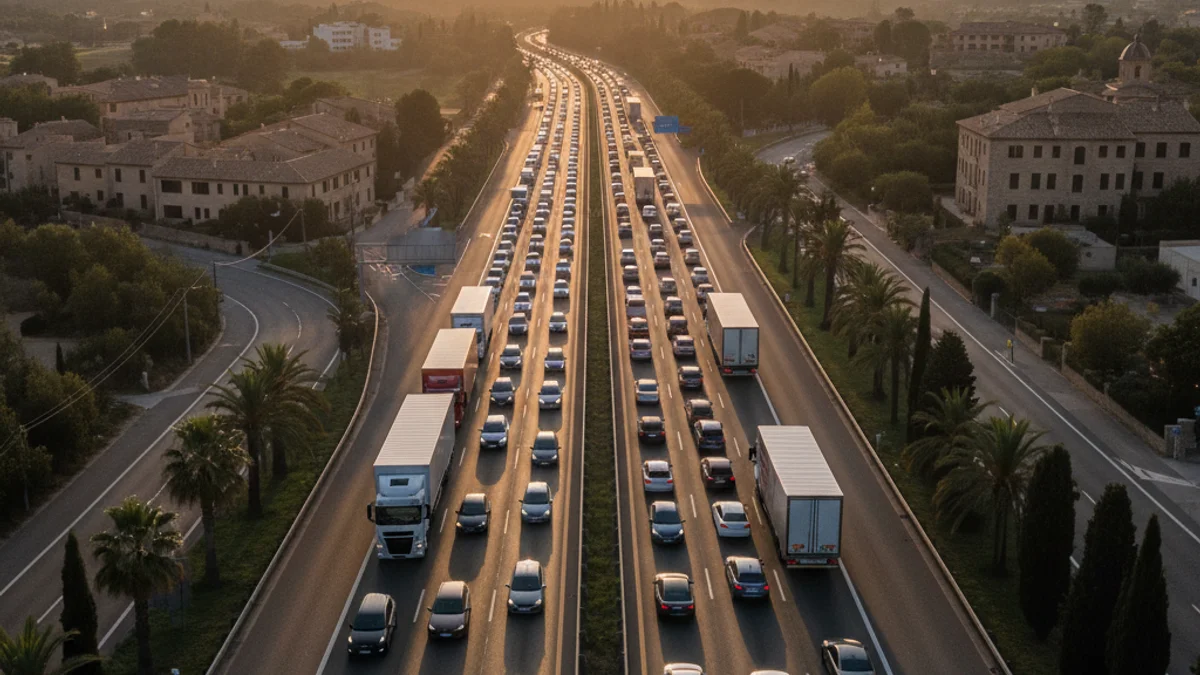 Imatge genèrica d'una autopista col·lapsada per una llarga cua de vehicles i camions de gran tonatge.