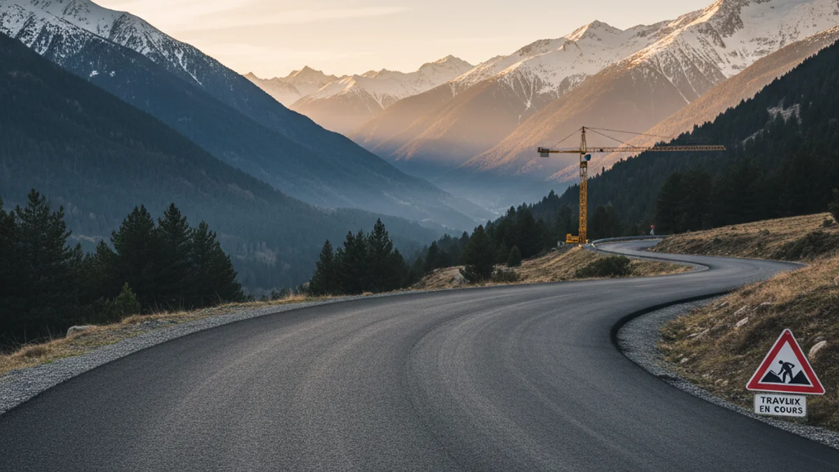 Imatge genèrica d'una carretera d'alta muntanya als Pirineus amb cims nevats al fons.