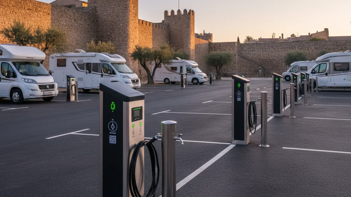 Imagen genérica de un área de estacionamiento para autocaravanas con puntos de suministro eléctrico.