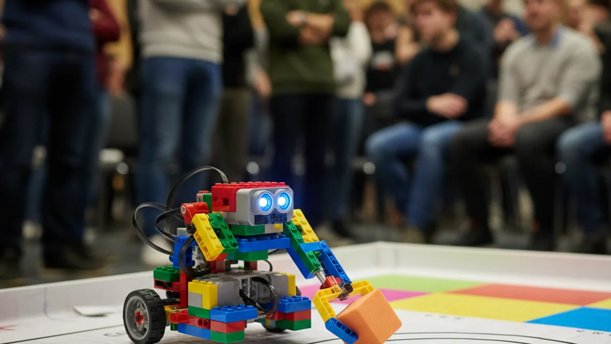 Imatge genèrica d'un robot construït amb peces de colors durant una competició escolar.