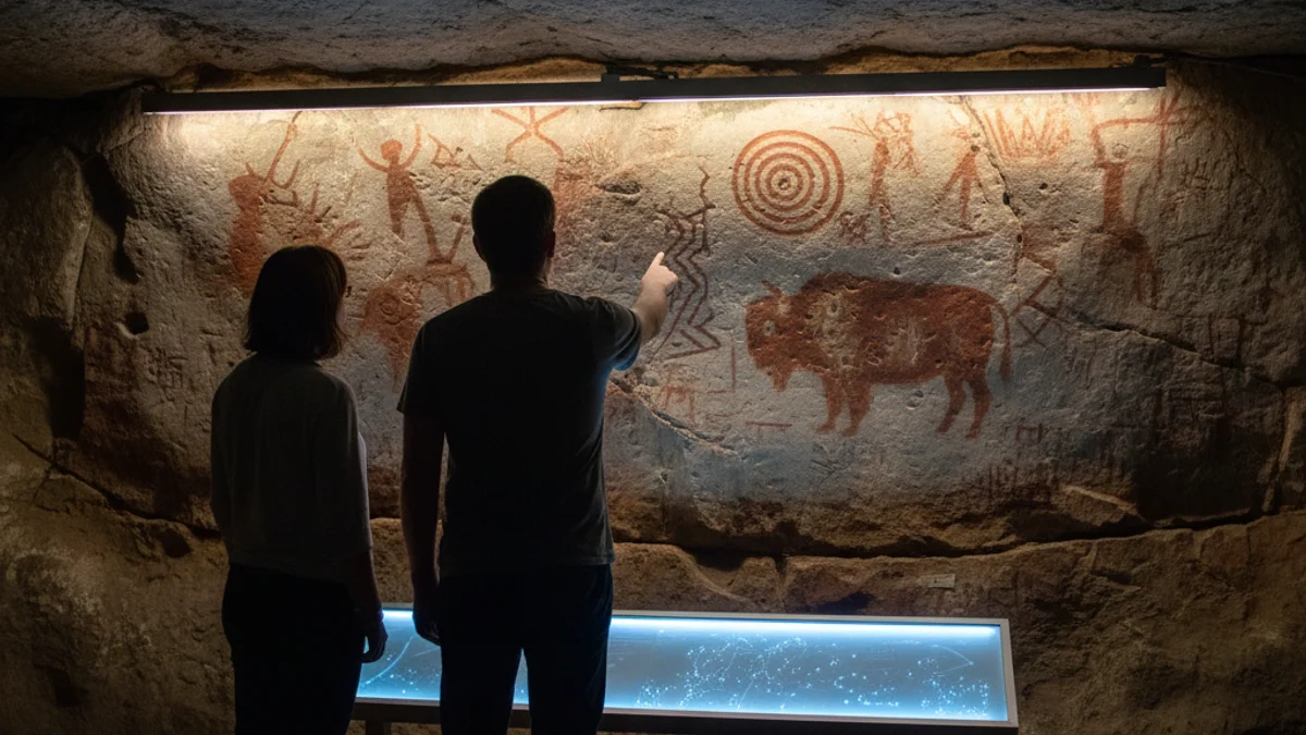 Il·lustració d'art rupestre esquemàtic en una paret de cova, amb figures humanes i animals.